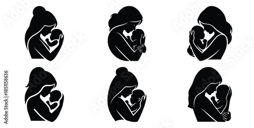 mother and baby calm moment vector art icon set. Black color  and white background