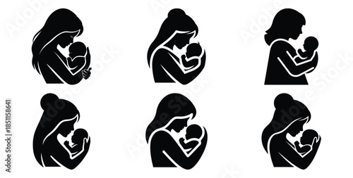 mother and baby caring vector art icon set. Black color  and white background