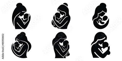 mother and baby cuddle pose vector art icon set. Black color  and white background
