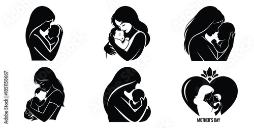 mother and baby cuddle vector art icon set. Black color  and white background