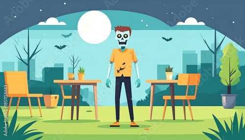Cartoon zombie in a city park at night, with tables, chairs, trees, and a full moon