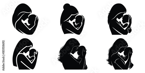 mother and baby emotional vector art icon set. Black color  and white background