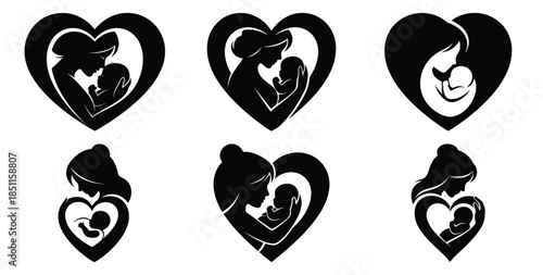 mother and baby silhouette logo vector art icon set. Black color  and white background