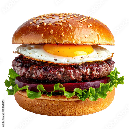 Gourmet beef burger with fresh beetroot, a fried egg, and fresh ingredients, presented on a dark background for a rustic look.