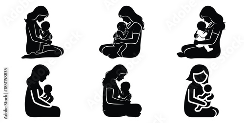 mother and baby sitting together vector art icon set. Black color  and white background