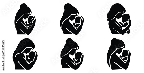 mother and baby tender pose vector art icon set. Black color  and white background