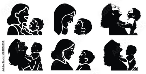 mother and child laughing vector art icon set. Black color  and white background