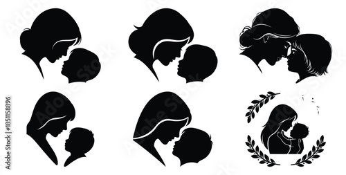 mother and child face to vector art icon set. Black color  and white background