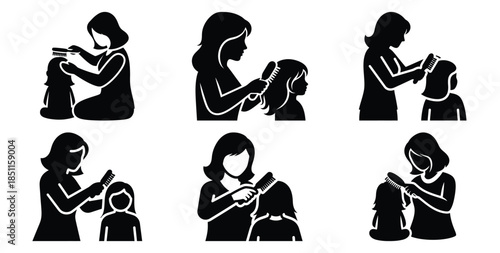 mother brushing childs hair vector art icon set. Black color  and white background