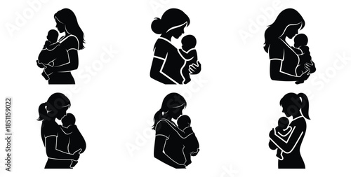 mother carrying baby on hip vector art icon set. Black color  and white background