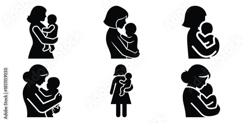 mother carrying child vector art icon set. Black color  and white background