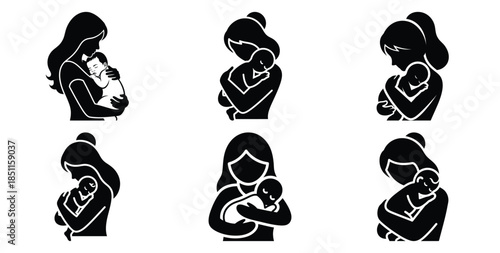 mother carrying sleeping baby vector art icon set. Black color  and white background