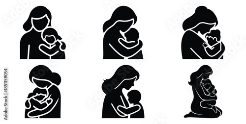 mother comforting child vector art icon set. Black color  and white background