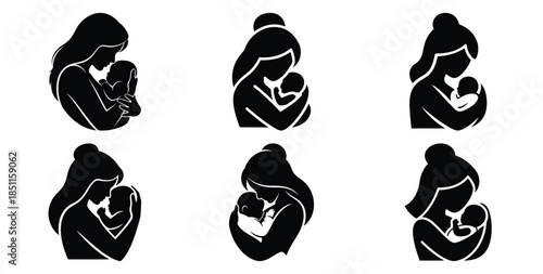 mother cuddling baby vector art icon set. Black color  and white background