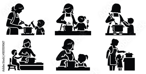 mother cooking with child vector art icon set. Black color  and white background