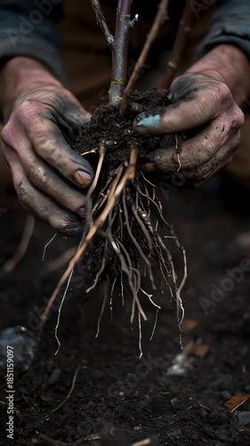 Hands Planting Young Sapling in Dark Soil Closeup