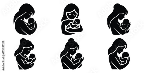 mother holding baby peaceful pose vector art icon set. Black color  and white background