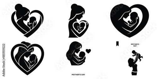 mother holding baby loving heart vector art icon set. Black color  and white background