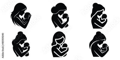 mother holding baby silhouette logo vector art icon set. Black color  and white background