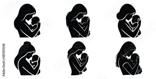 mother holding baby pure affection vector art icon set. Black color  and white background