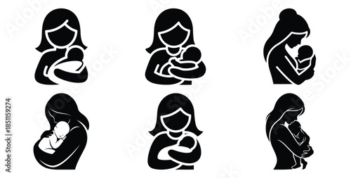mother holding baby silhouette mark vector art icon set. Black color  and white background