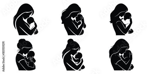 mother holding baby tender hug vector art icon set. Black color  and white background