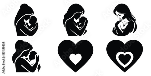 mother hugging baby affectionately vector art icon set. Black color  and white background