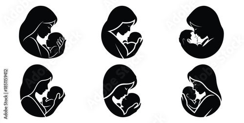 mother holding newborn face vector art icon set. Black color  and white background