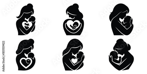 mother hugging baby heartful vector art icon set. Black color  and white background