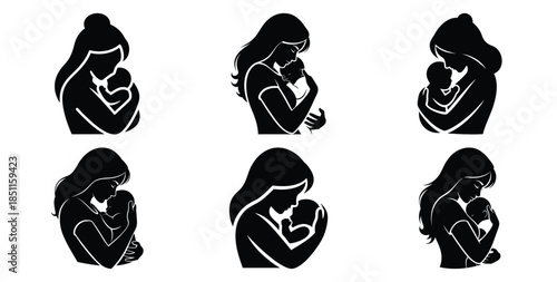 mother hugging baby gently vector art icon set. Black color  and white background