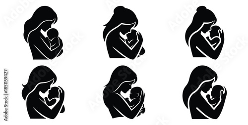 mother hugging baby lovingly vector art icon set. Black color  and white background