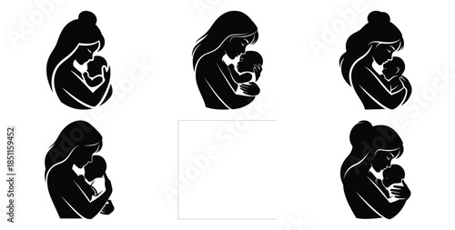 mother hugging baby silhouette emblem vector art icon set. Black color  and white background