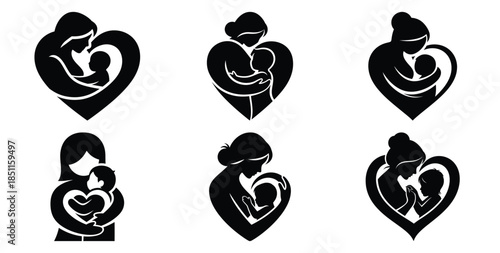 mother hugging child heart pose vector art icon set. Black color  and white background