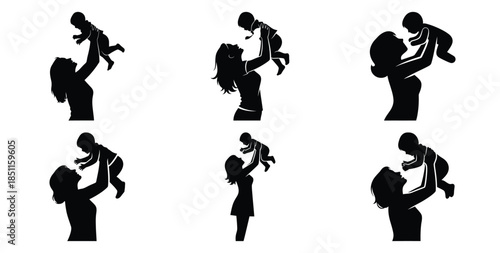 mother lifting child vector art icon set. Black color  and white background