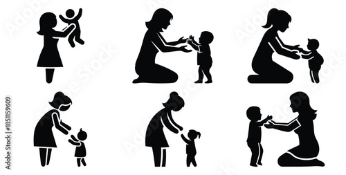 mother playing with child vector art icon set. Black color  and white background