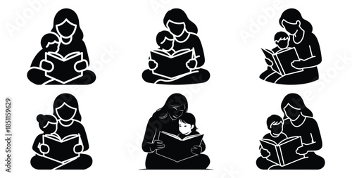 mother reading bedtime story vector art icon set. Black color  and white background