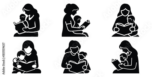 mother reading to child vector art icon set. Black color  and white background