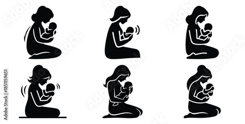 mother rocking baby vector art icon set. Black color  and white background