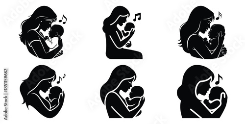 mother singing to baby vector art icon set. Black color  and white background