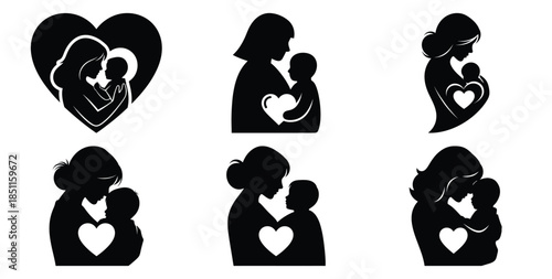 mother silhouette with heart vector art icon set. Black color  and white background