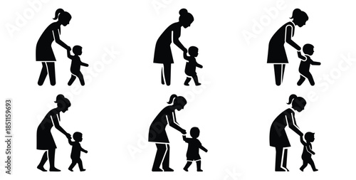mother teaching child to walk vector art icon set. Black color  and white background