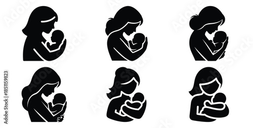 mother with baby outline vector art icon set. Black color  and white background