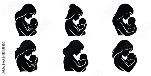 mother with baby silhouette logo vector art icon set. Black color  and white background