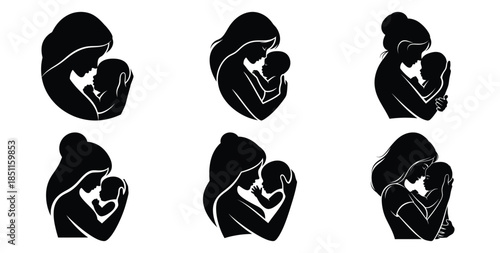 mother with baby sweet pose vector art icon set. Black color  and white background