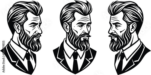 Detailed Black and White Illustrations of Three Well Dressed Distinguished Bearded Men