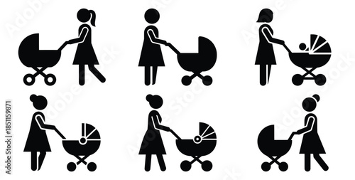 mother with stroller vector art icon set. Black color  and white background