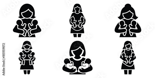 mother with twins vector art icon set. Black color  and white background