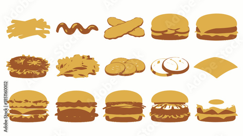 Assorted Burger Ingredients and Sandwiches in Flat Design with Golden Brown Color on White Background for Menu Illustration