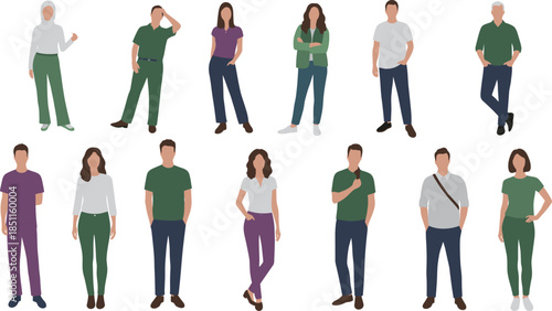 Casual standing character icons, diverse posture gesture set, body language illustration, fashion pose lineup, cad drawing flat vector