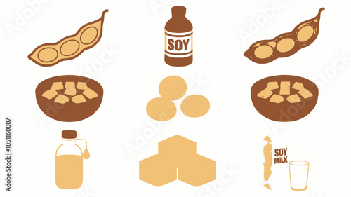 Soy Products in Various Forms with Warm Beige Tones in Flat Design for Health and Nutrition